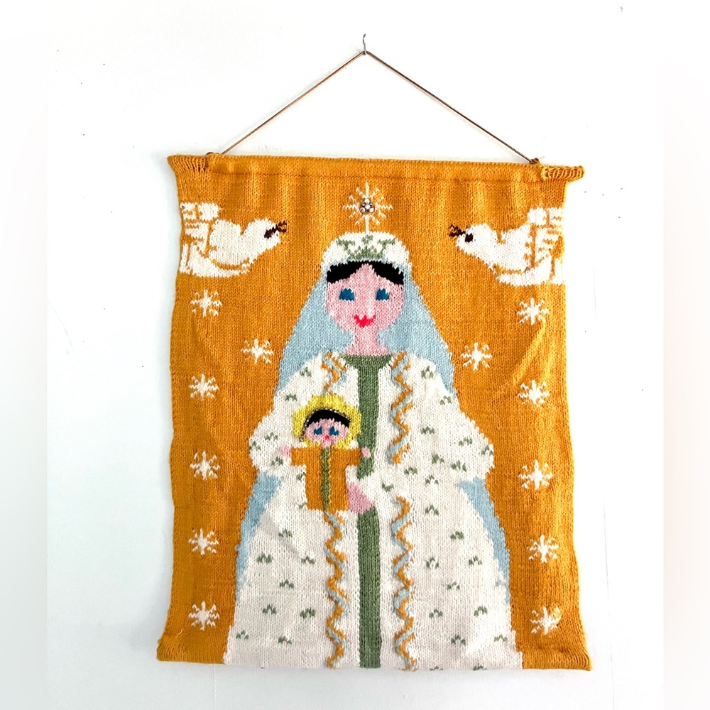 Vintage 50’s knit fiber art tapestry Madonna & child rhinestone wall art decor